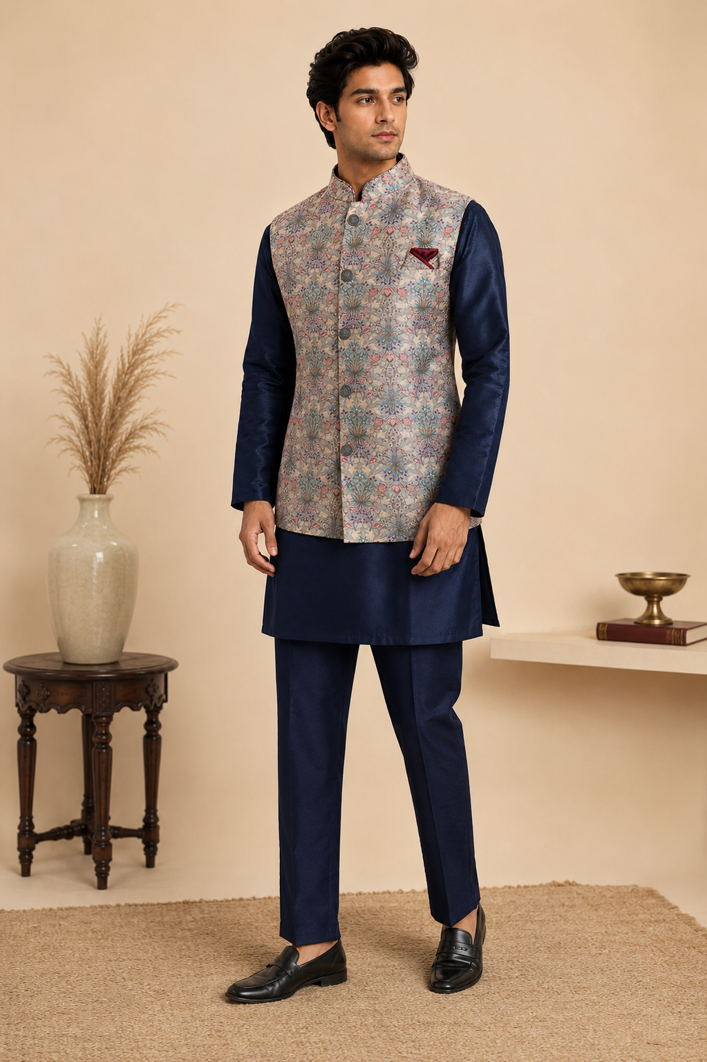Men's Navy Blue Silk Kurta Set with Floral Embroidered Silk Nehru Jacket & Polo Pants