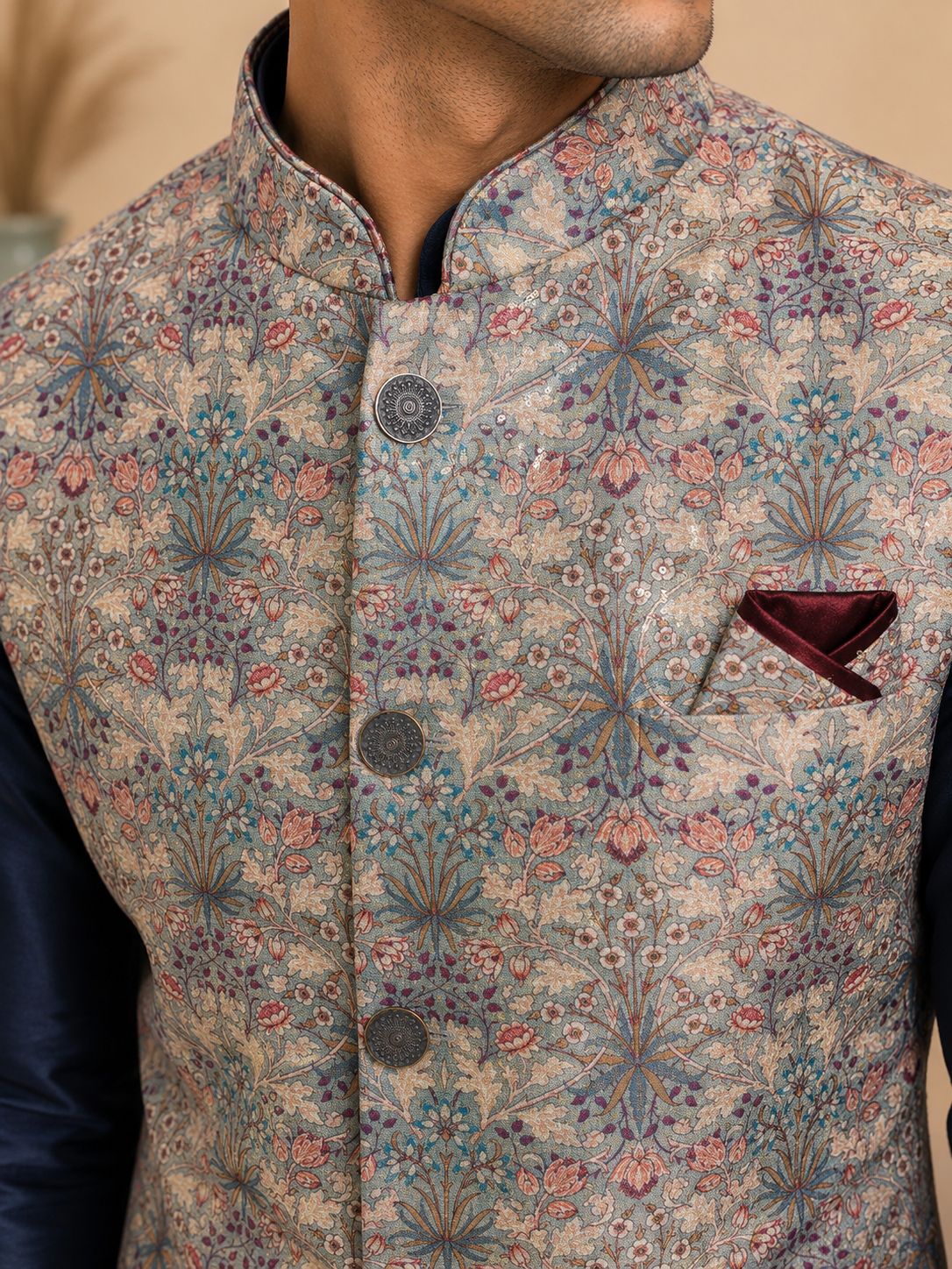 Men's Navy Blue Silk Kurta Set with Floral Embroidered Silk Nehru Jacket & Polo Pants