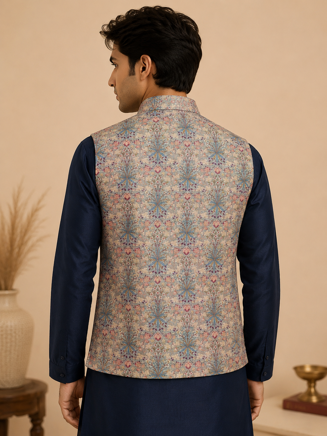 Men's Navy Blue Silk Kurta Set with Floral Embroidered Silk Nehru Jacket & Polo Pants