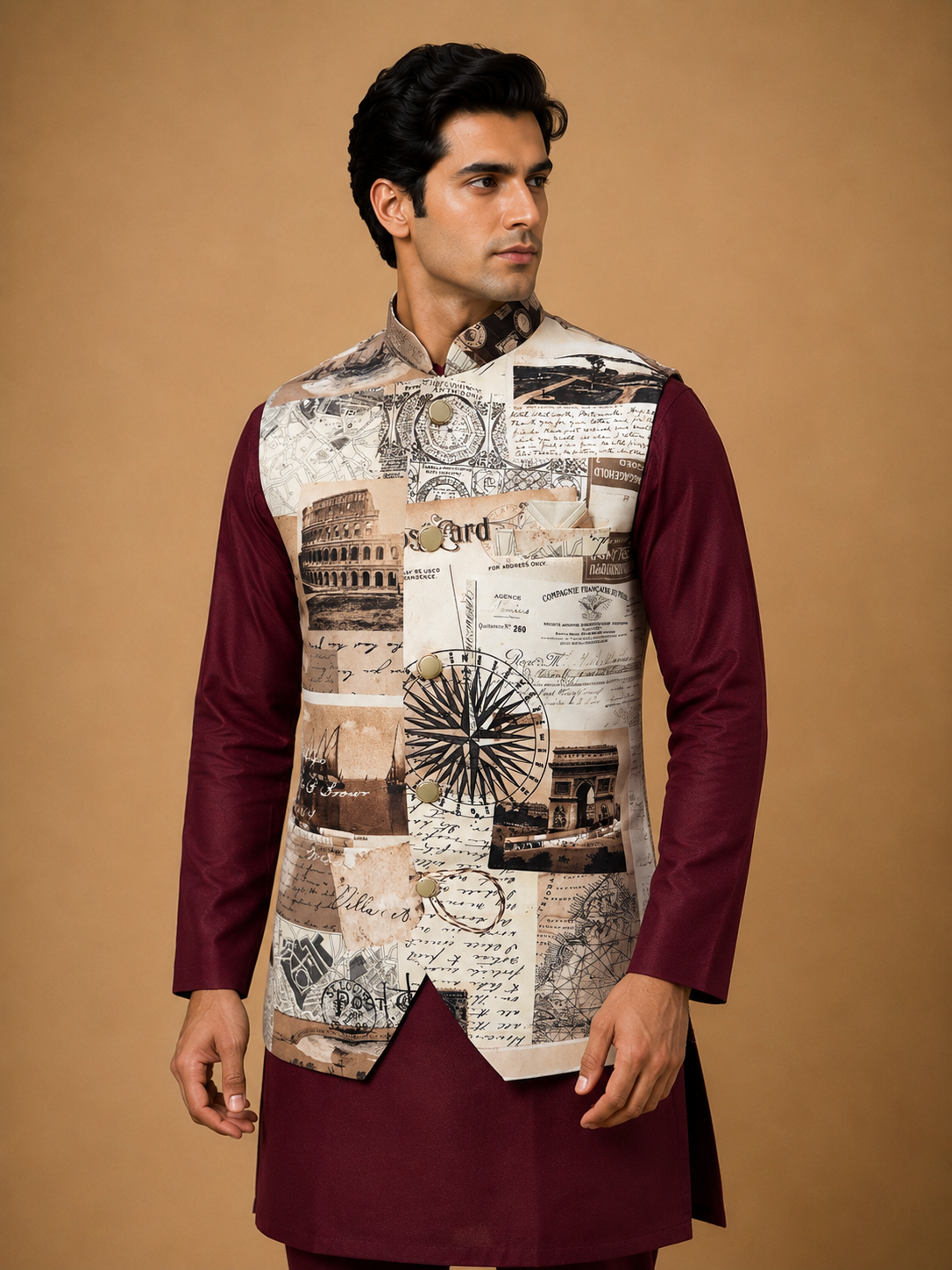 Maroon Silk Kurta Set with Cultural Motif Printed Velvet Jacket & Silk Polo