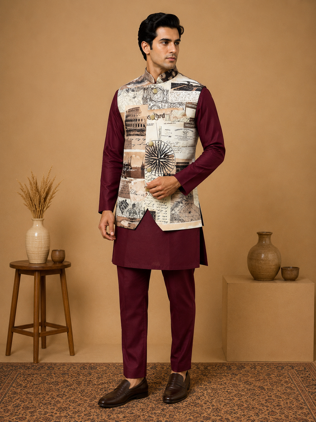 Maroon Silk Kurta Set with Cultural Motif Printed Velvet Jacket & Silk Polo