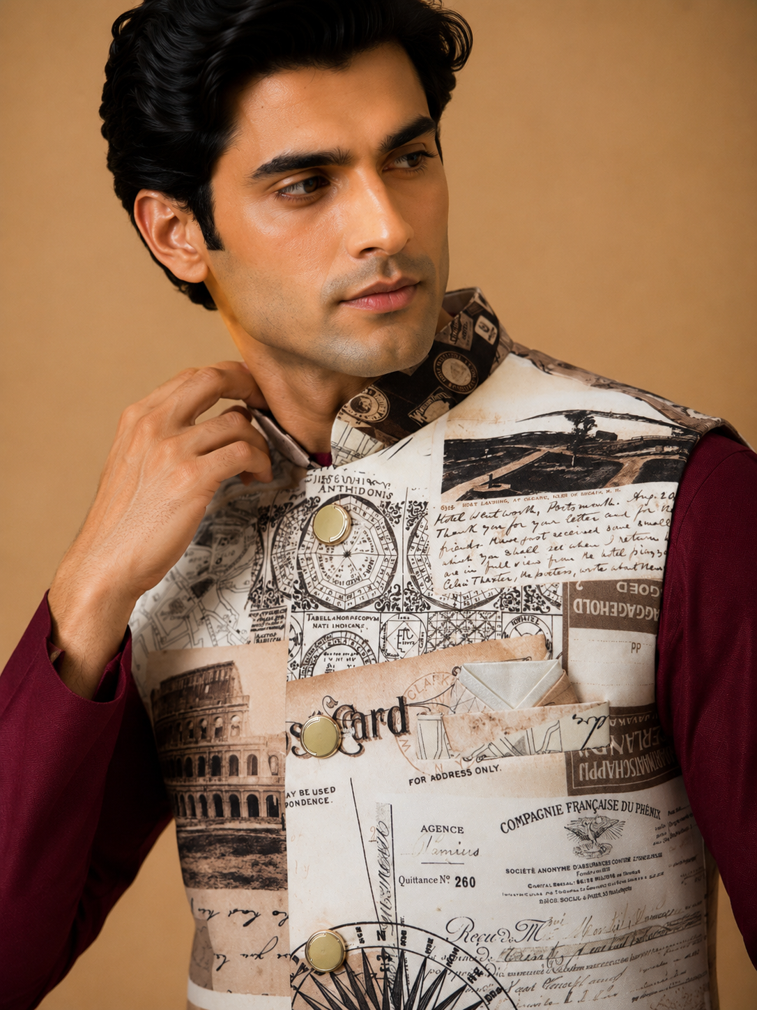 Maroon Silk Kurta Set with Cultural Motif Printed Velvet Jacket & Silk Polo