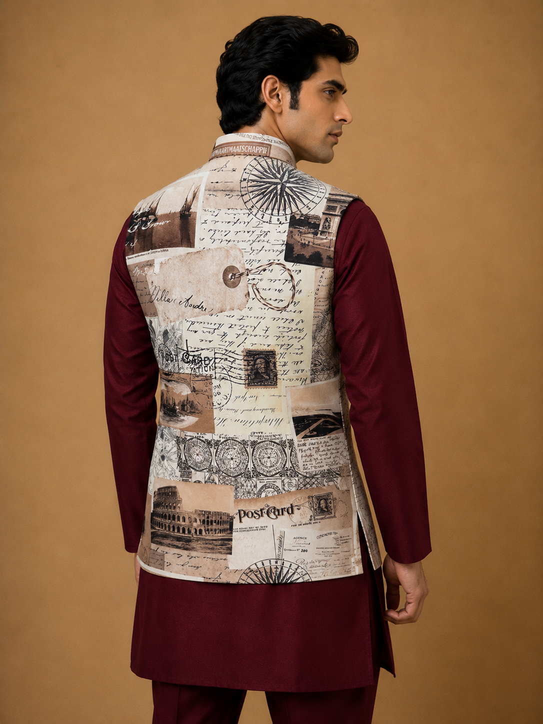 Maroon Silk Kurta Set with Cultural Motif Printed Velvet Jacket & Silk Polo