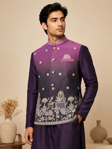Purple Silk Kurta Set with Ombre Silk Jacket Featuring Heavy Thread & Sequin Embroidered Panel and Silk Polo Pant