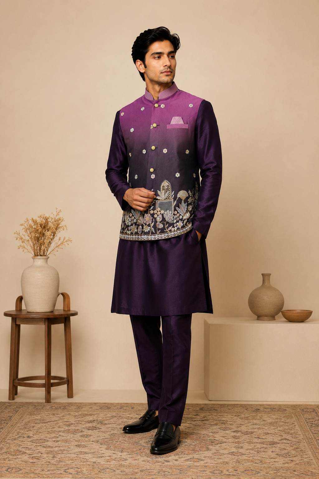 Purple Silk Kurta Set with Ombre Silk Jacket Featuring Heavy Thread & Sequin Embroidered Panel and Silk Polo Pant