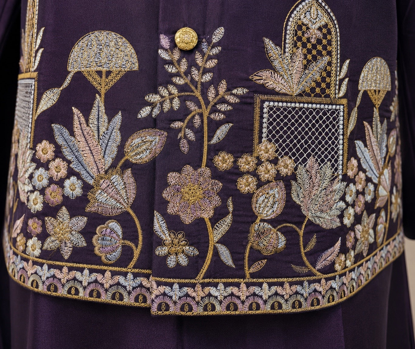 Purple Silk Kurta Set with Ombre Silk Jacket Featuring Heavy Thread & Sequin Embroidered Panel and Silk Polo Pant