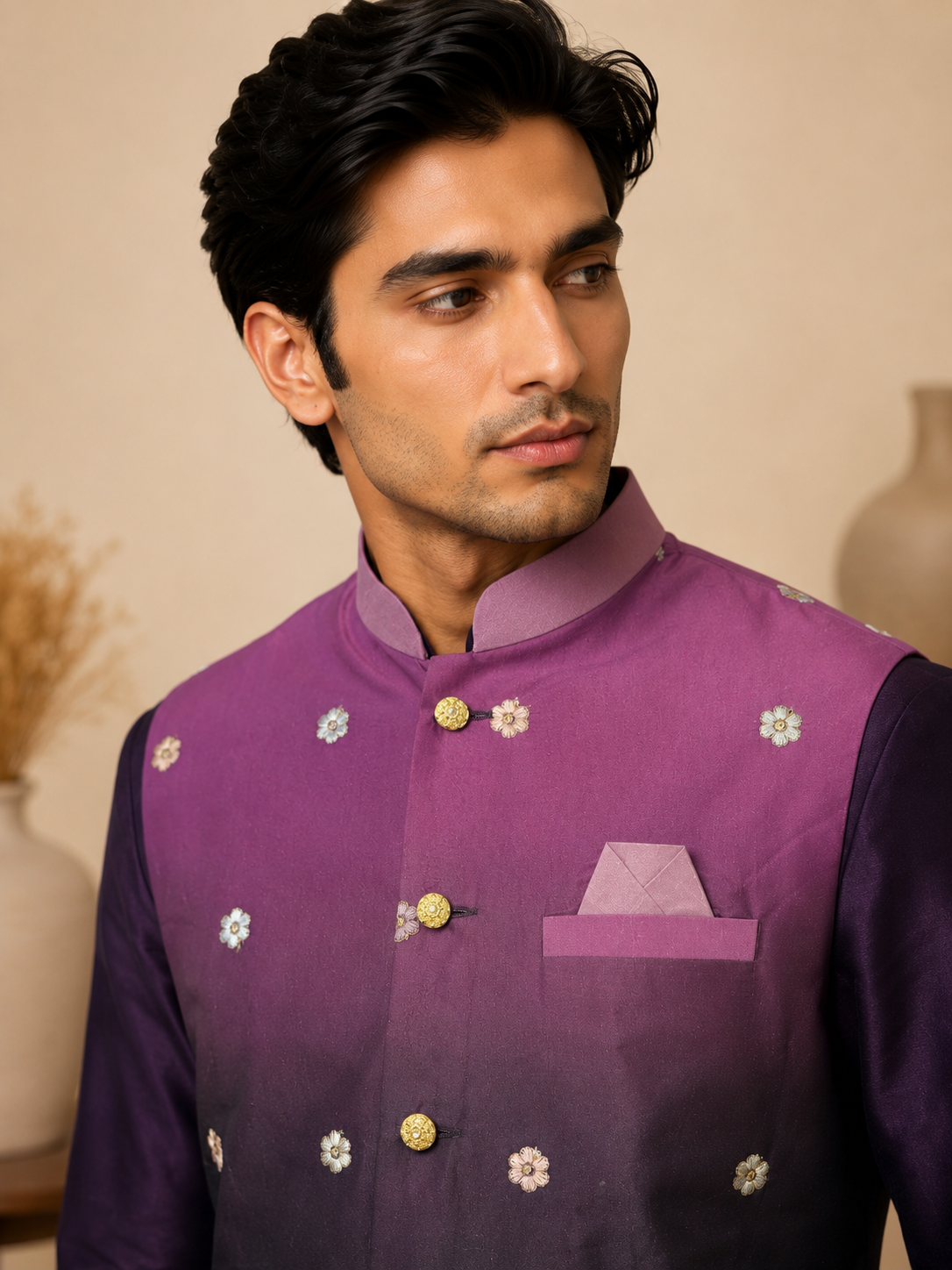 Purple Silk Kurta Set with Ombre Silk Jacket Featuring Heavy Thread & Sequin Embroidered Panel and Silk Polo Pant