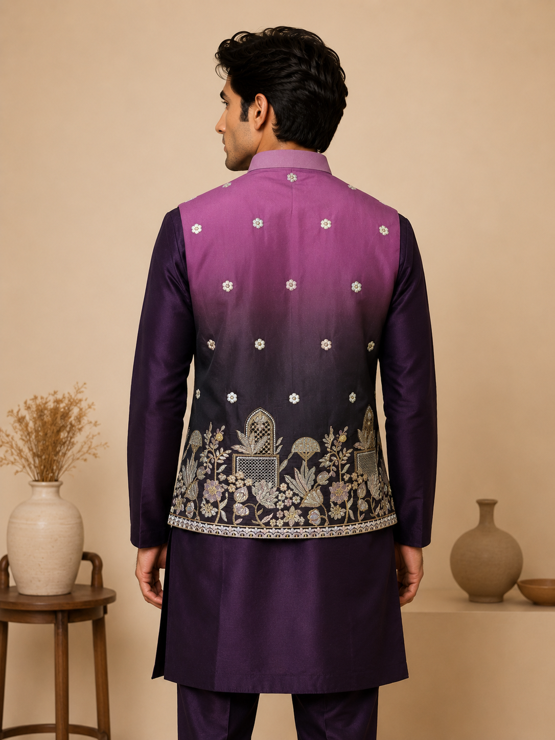 Purple Silk Kurta Set with Ombre Silk Jacket Featuring Heavy Thread & Sequin Embroidered Panel and Silk Polo Pant