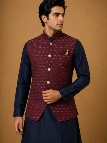 Navy Blue Silk Kurta Set with Maroon Thread & Sequin Embroidered Silk Jacket and Silk Polo Pant