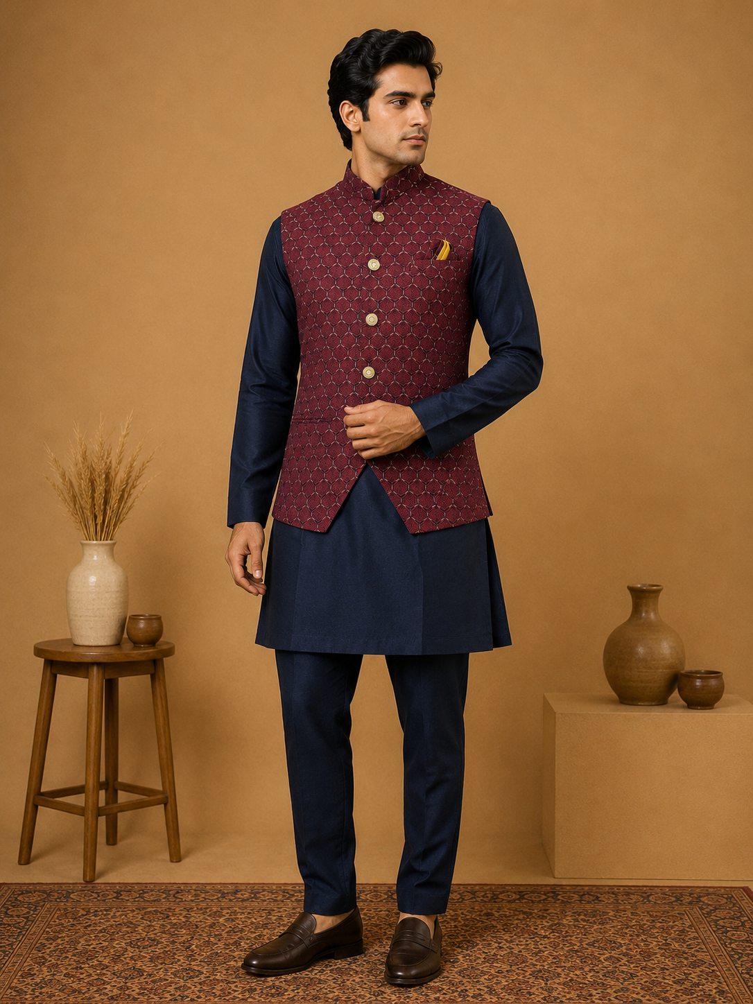 Navy Blue Silk Kurta Set with Maroon Thread & Sequin Embroidered Silk Jacket and Silk Polo Pant