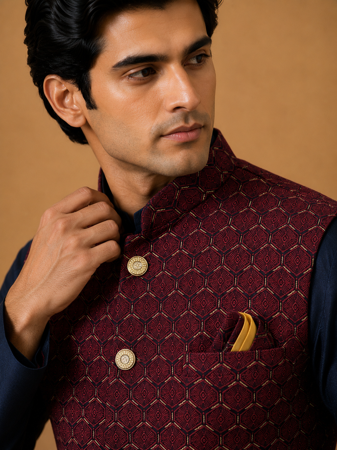 Navy Blue Silk Kurta Set with Maroon Thread & Sequin Embroidered Silk Jacket and Silk Polo Pant