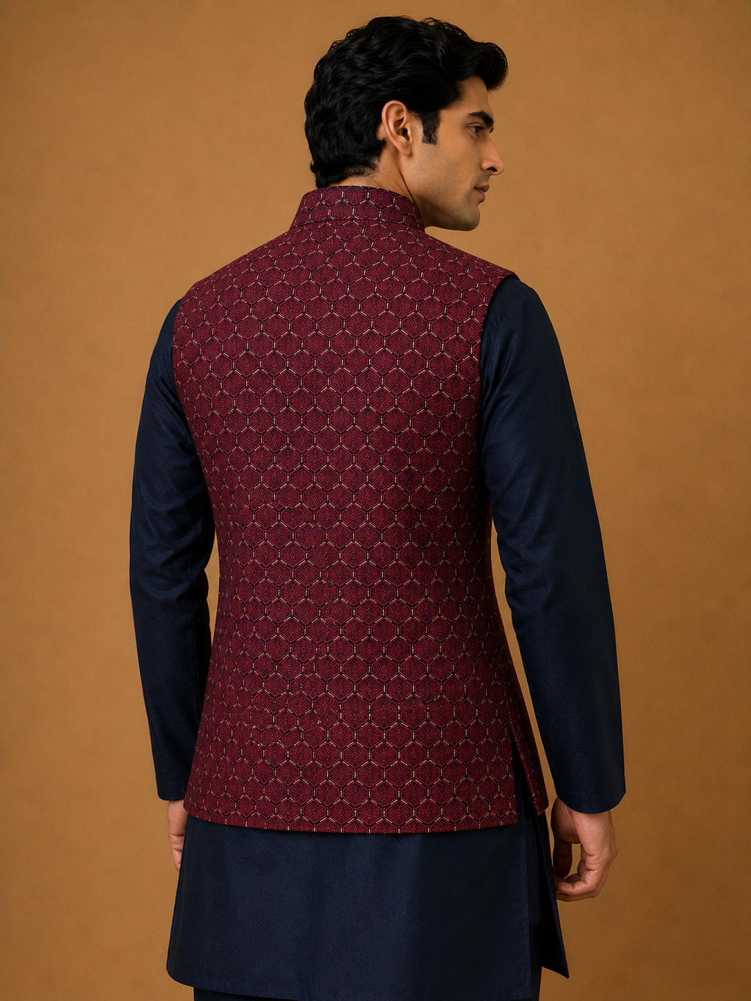 Navy Blue Silk Kurta Set with Maroon Thread & Sequin Embroidered Silk Jacket and Silk Polo Pant