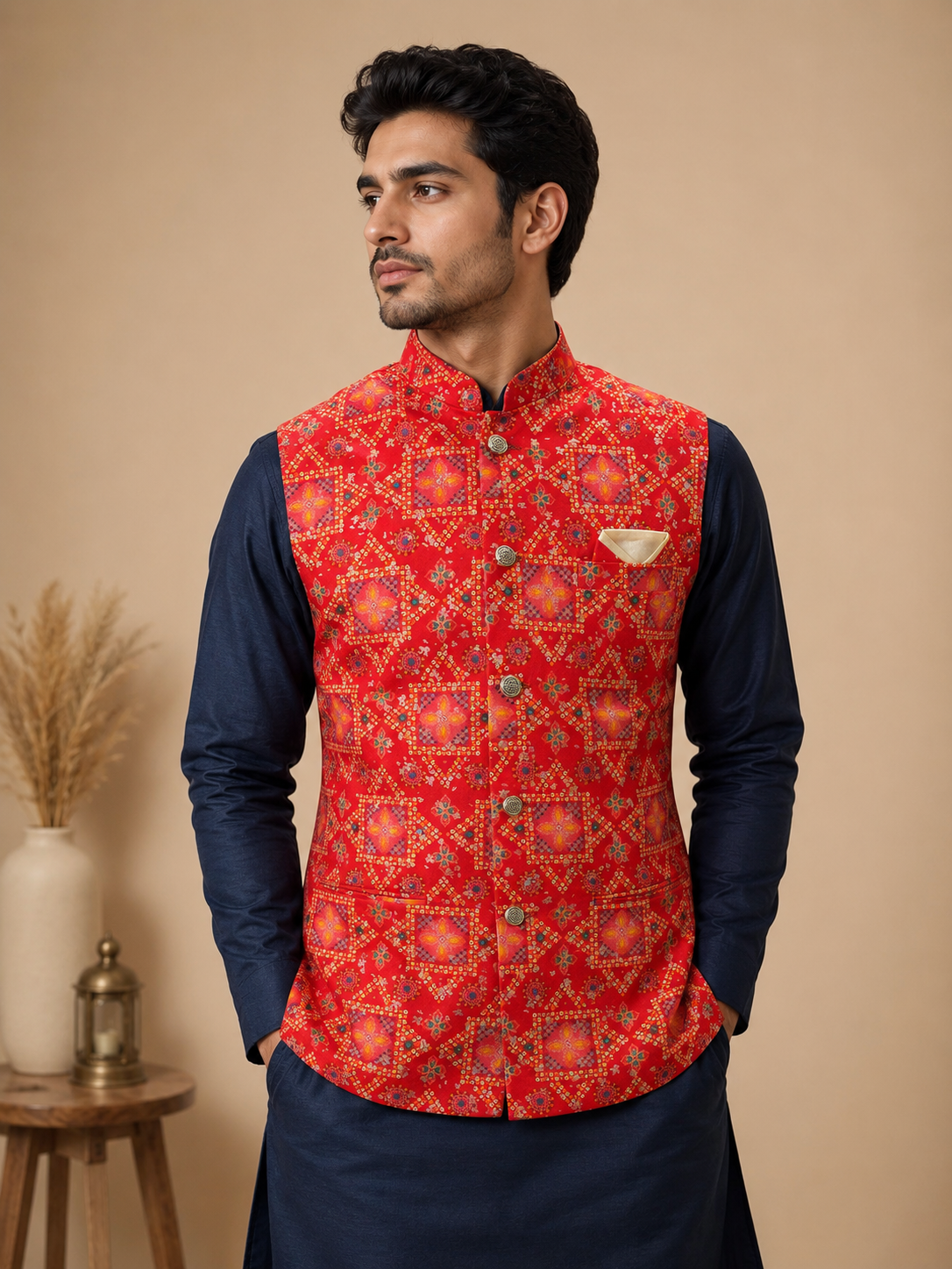 Men's Navy Blue Silk Kurta Set with Red Foil Print Designer Nehru Jacket & Silk Polo Pant