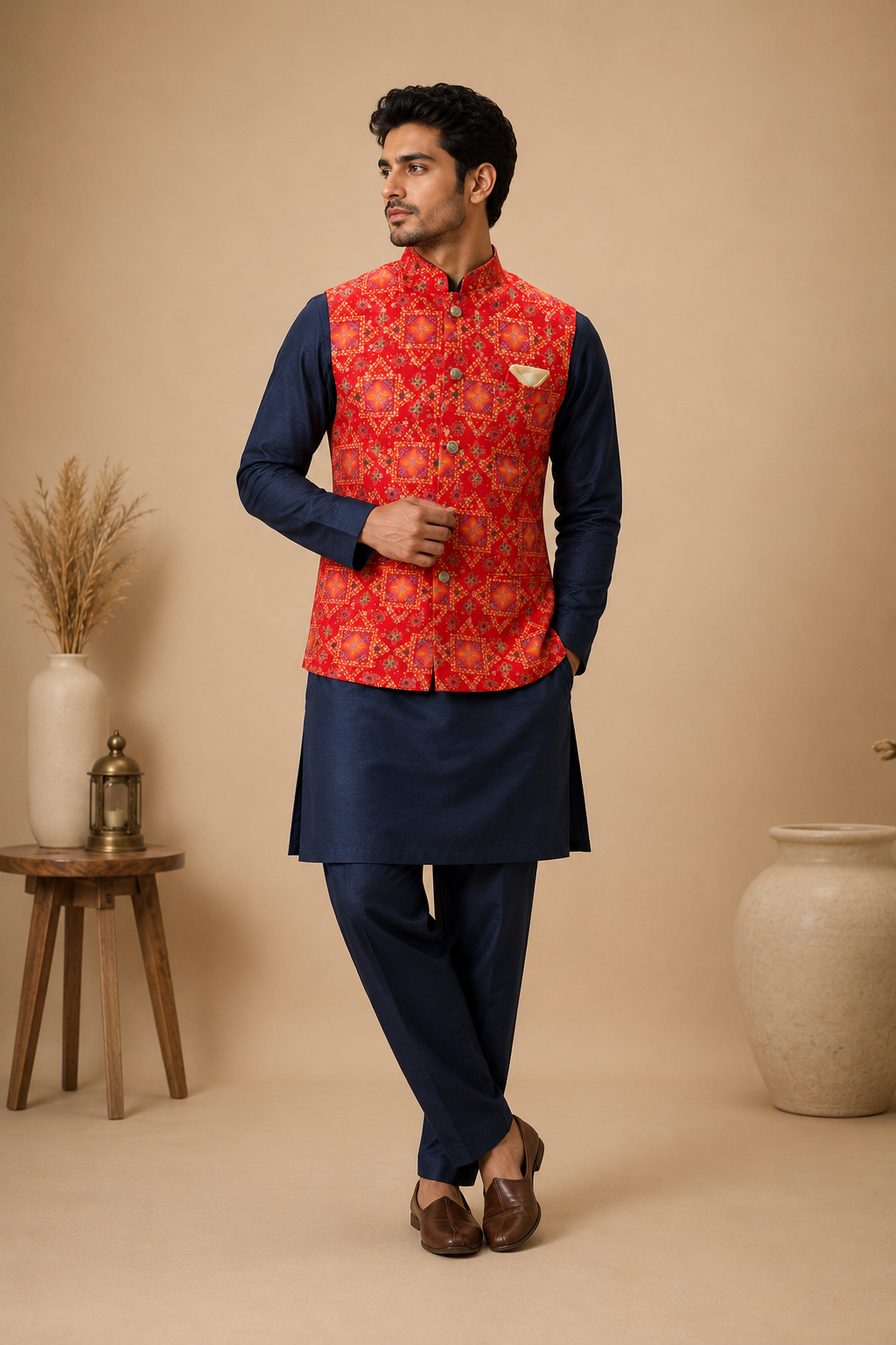Men's Navy Blue Silk Kurta Set with Red Foil Print Designer Nehru Jacket & Silk Polo Pant