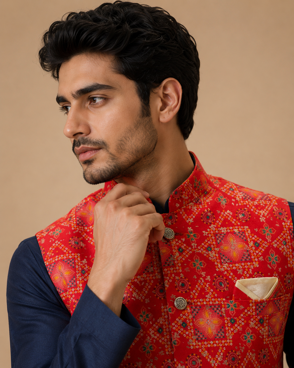 Men's Navy Blue Silk Kurta Set with Red Foil Print Designer Nehru Jacket & Silk Polo Pant