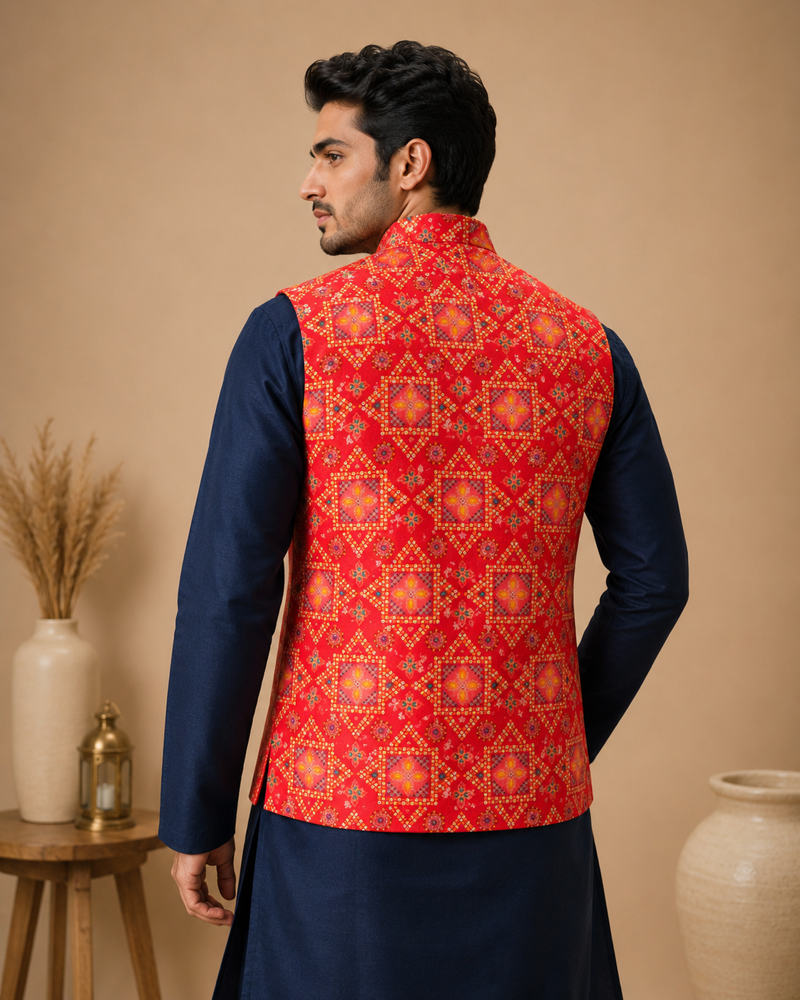 Men's Navy Blue Silk Kurta Set with Red Foil Print Designer Nehru Jacket & Silk Polo Pant