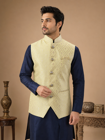 Men's Navy Blue Silk Kurta Set with Yellow Self-Design Nehru Jacket & Silk Polo Pant
