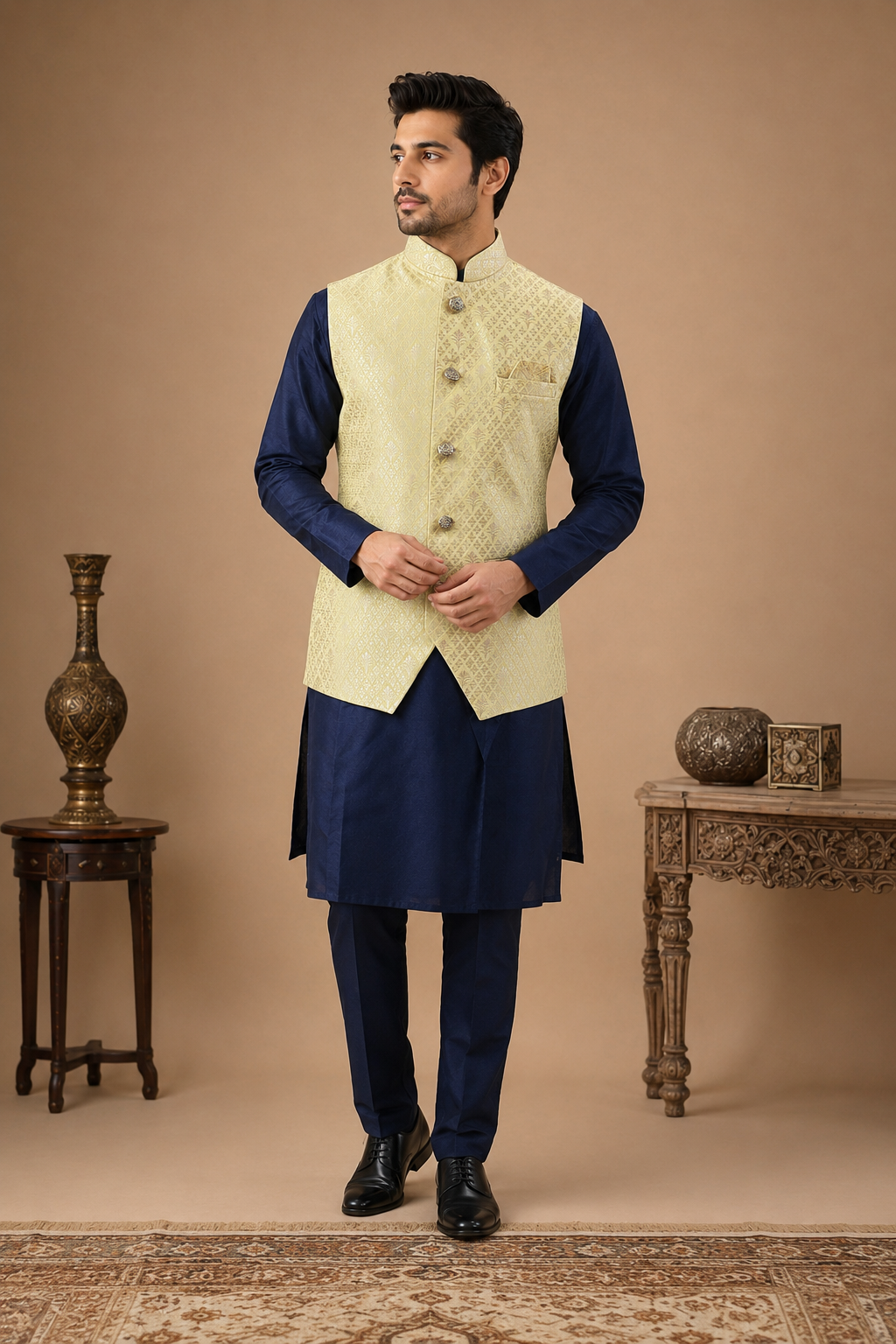 Men's Navy Blue Silk Kurta Set with Yellow Self-Design Nehru Jacket & Silk Polo Pant