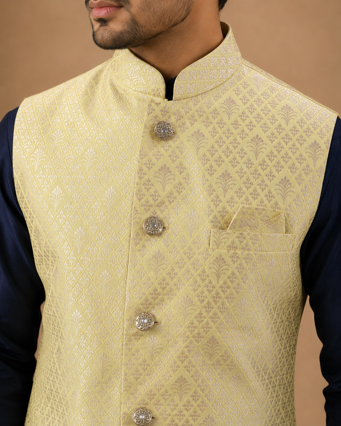 Men's Navy Blue Silk Kurta Set with Yellow Self-Design Nehru Jacket & Silk Polo Pant