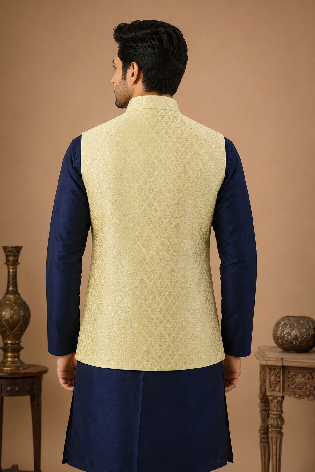 Men's Navy Blue Silk Kurta Set with Yellow Self-Design Nehru Jacket & Silk Polo Pant