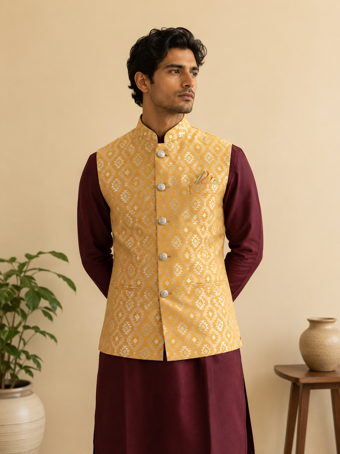 Men's Maroon Silk Kurta Set with Mustard Gold Jacquard Self-Design Nehru Jacket & Silk Polo Pant