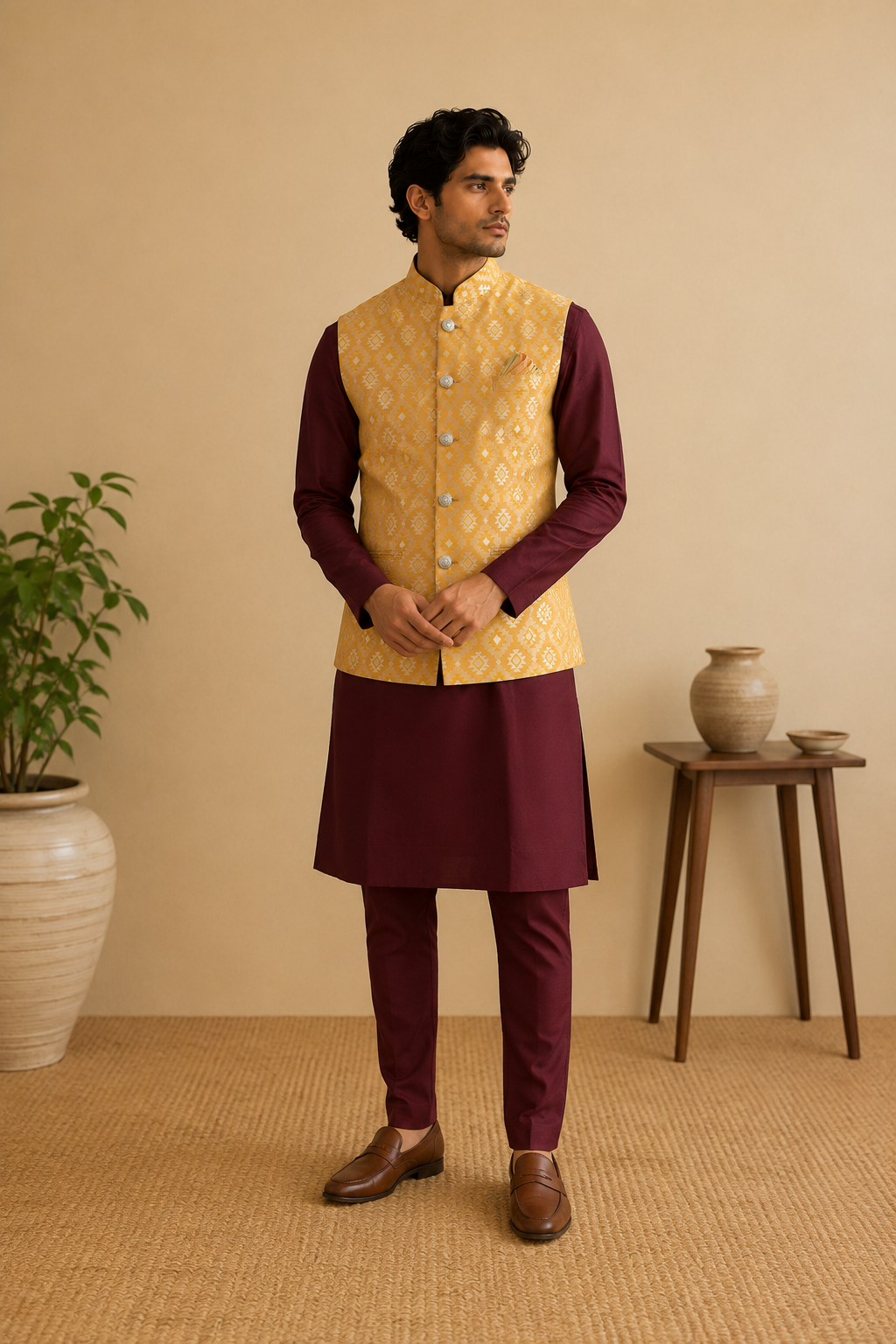 Men's Maroon Silk Kurta Set with Mustard Gold Jacquard Self-Design Nehru Jacket & Silk Polo Pant