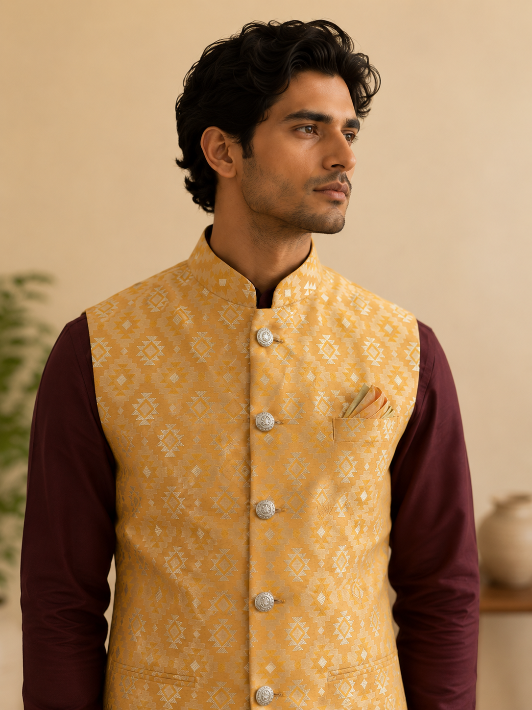 Men's Maroon Silk Kurta Set with Mustard Gold Jacquard Self-Design Nehru Jacket & Silk Polo Pant