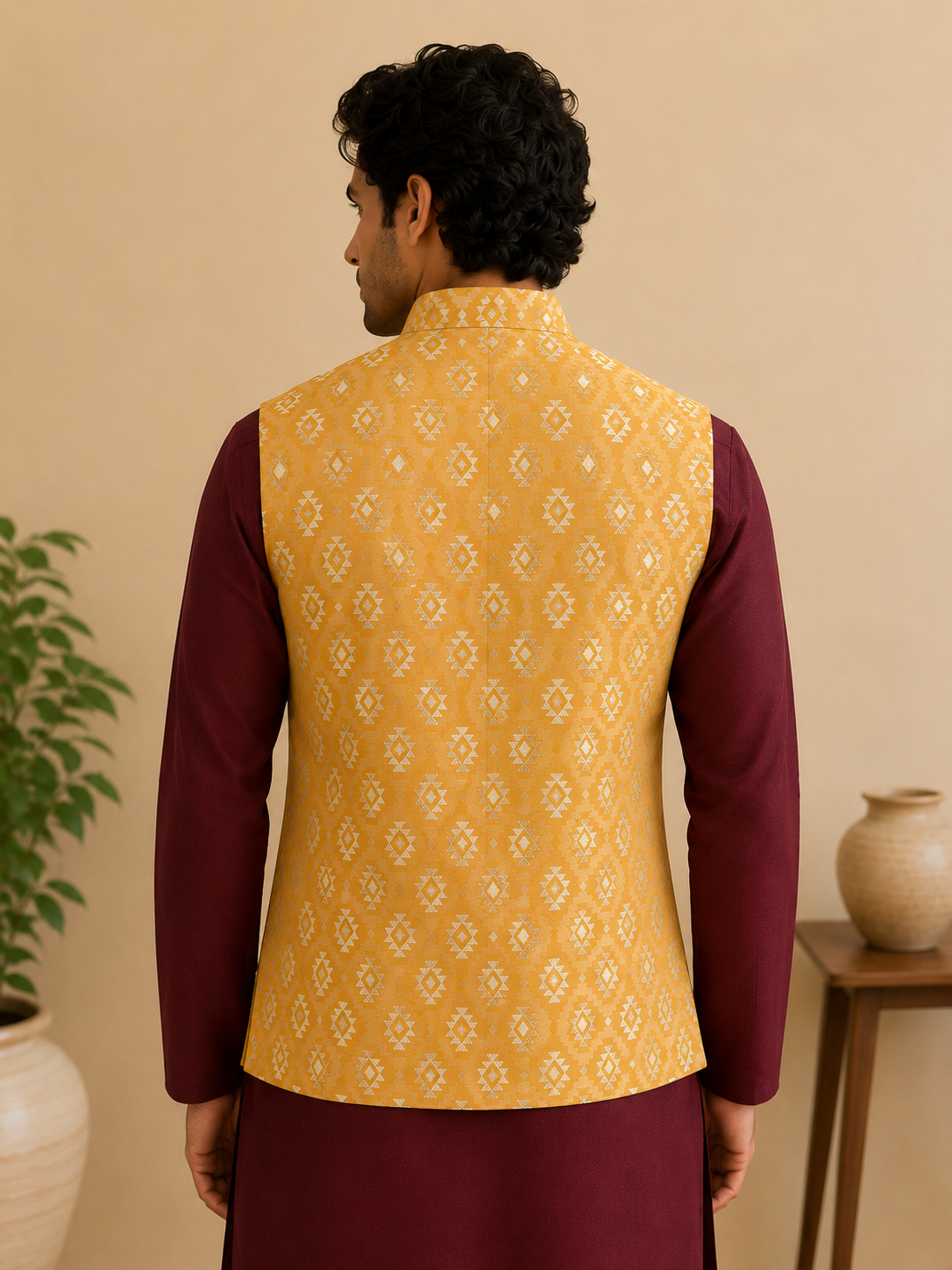 Men's Maroon Silk Kurta Set with Mustard Gold Jacquard Self-Design Nehru Jacket & Silk Polo Pant
