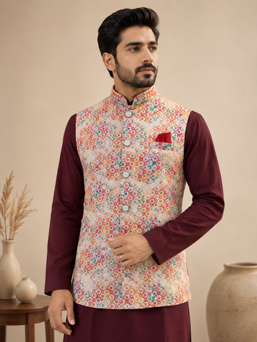 Men's Maroon Silk Kurta Set with Ivory Floral Embroidered Jacquard Nehru Jacket & Silk Polo Pant