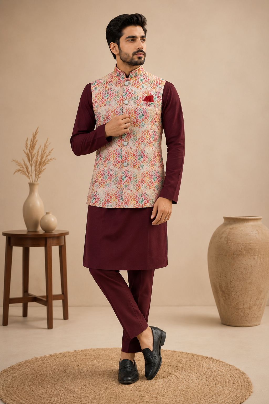 Men's Maroon Silk Kurta Set with Ivory Floral Embroidered Jacquard Nehru Jacket & Silk Polo Pant