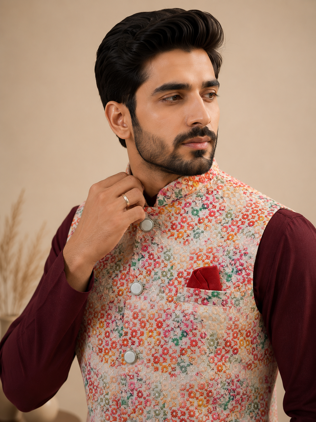 Men's Maroon Silk Kurta Set with Ivory Floral Embroidered Jacquard Nehru Jacket & Silk Polo Pant