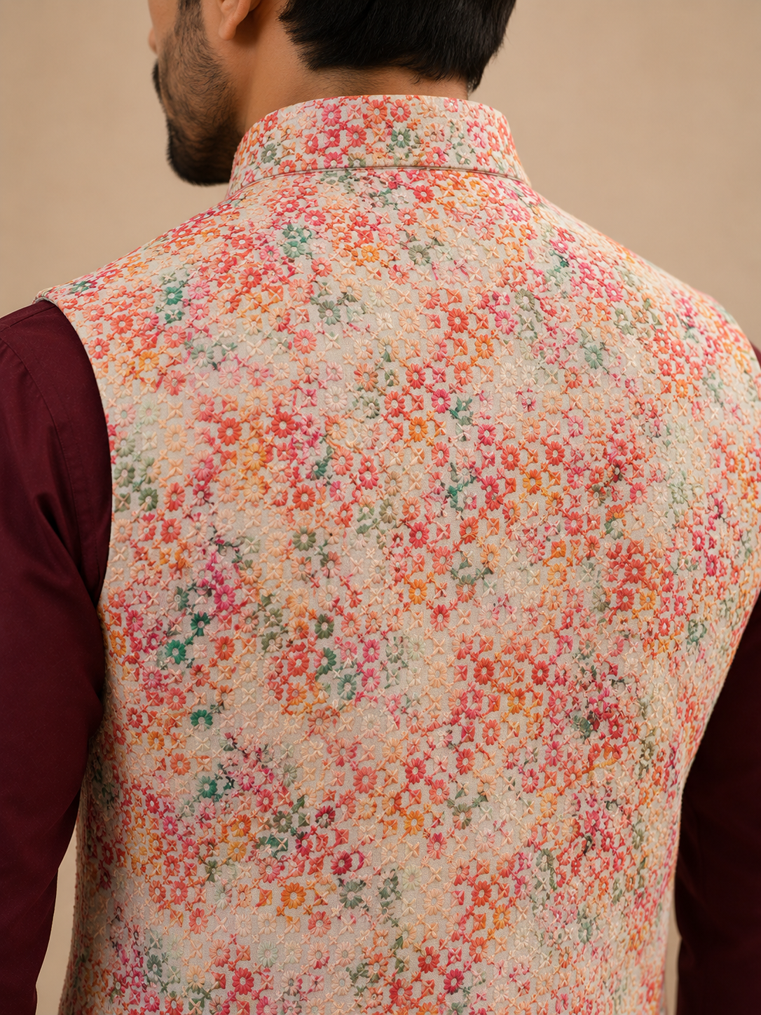 Men's Maroon Silk Kurta Set with Ivory Floral Embroidered Jacquard Nehru Jacket & Silk Polo Pant