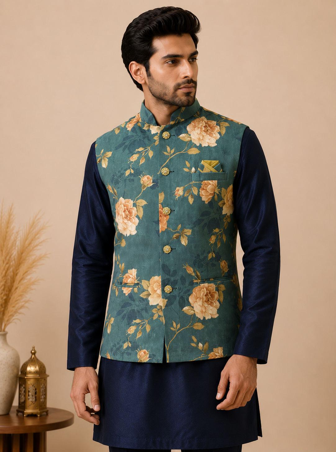 Men's Navy Blue Silk Kurta Set with Teal Green Floral Velvet Nehru Jacket & Silk Polo Pant