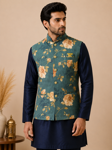 Men's Navy Blue Silk Kurta Set with Teal Green Floral Velvet Nehru Jacket & Silk Polo Pant