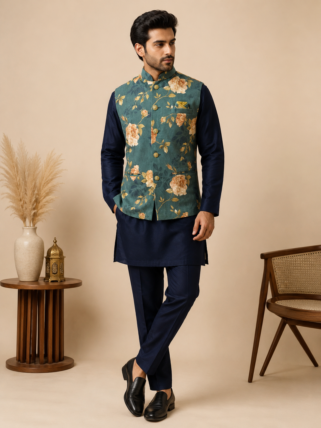 Men's Navy Blue Silk Kurta Set with Teal Green Floral Velvet Nehru Jacket & Silk Polo Pant