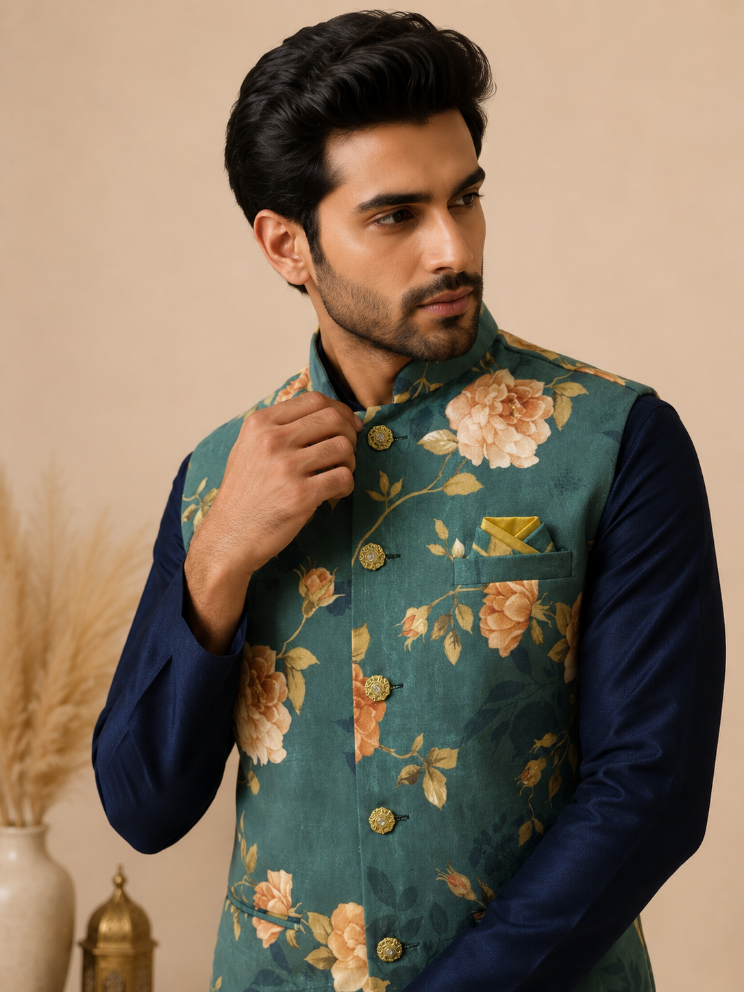 Men's Navy Blue Silk Kurta Set with Teal Green Floral Velvet Nehru Jacket & Silk Polo Pant