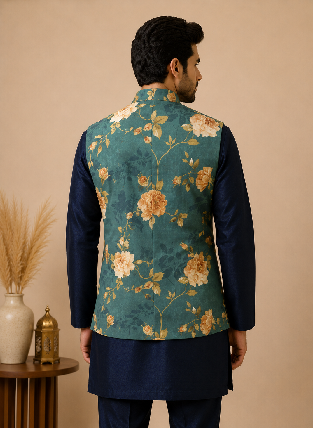 Men's Navy Blue Silk Kurta Set with Teal Green Floral Velvet Nehru Jacket & Silk Polo Pant