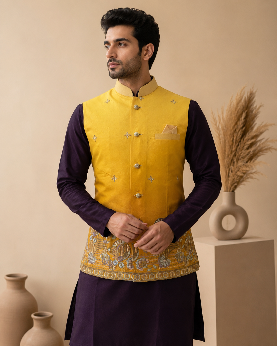 Mustard Yellow Silk Nehru Jacket Set with Designer Floral Panel & Wine Silk Kurta for Men