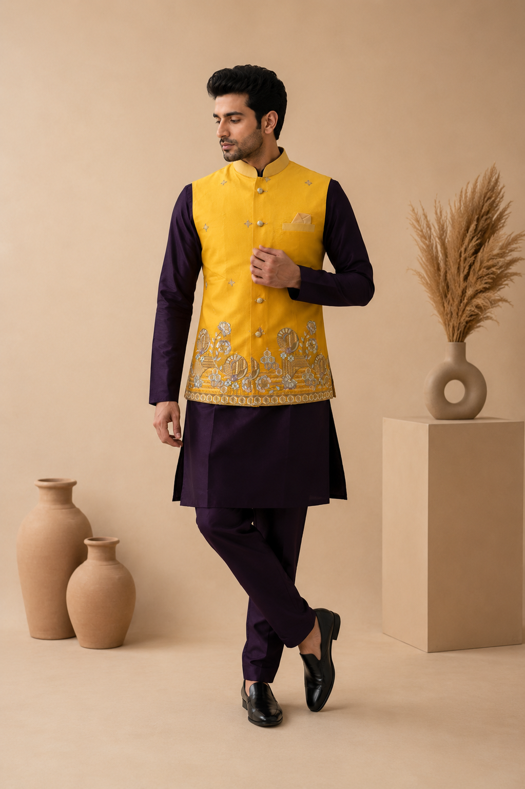 Mustard Yellow Silk Nehru Jacket Set with Designer Floral Panel & Wine Silk Kurta for Men