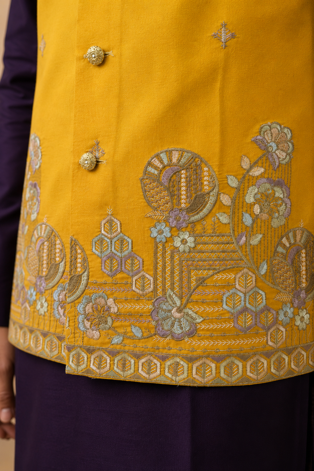 Mustard Yellow Silk Nehru Jacket Set with Designer Floral Panel & Wine Silk Kurta for Men