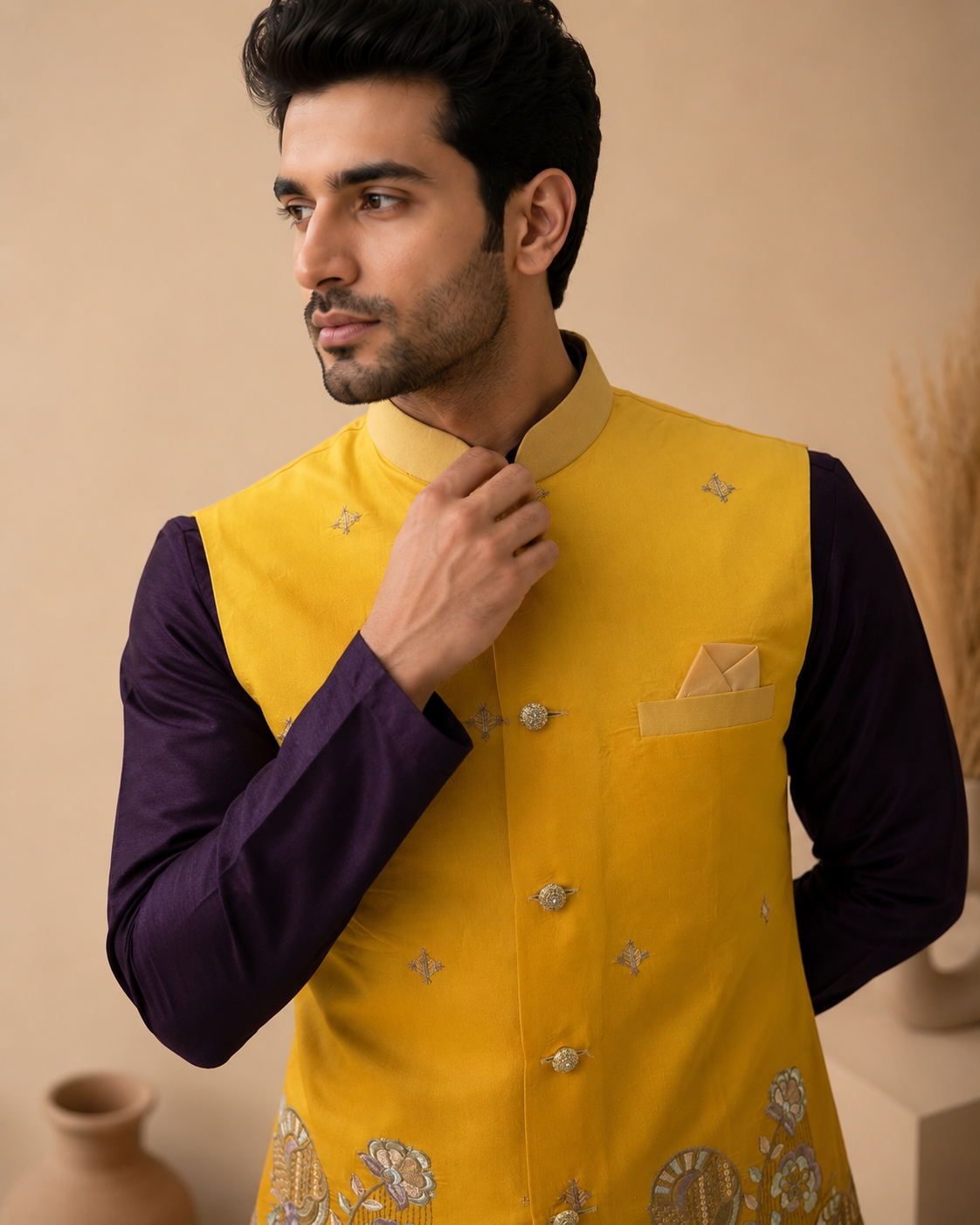 Mustard Yellow Silk Nehru Jacket Set with Designer Floral Panel & Wine Silk Kurta for Men