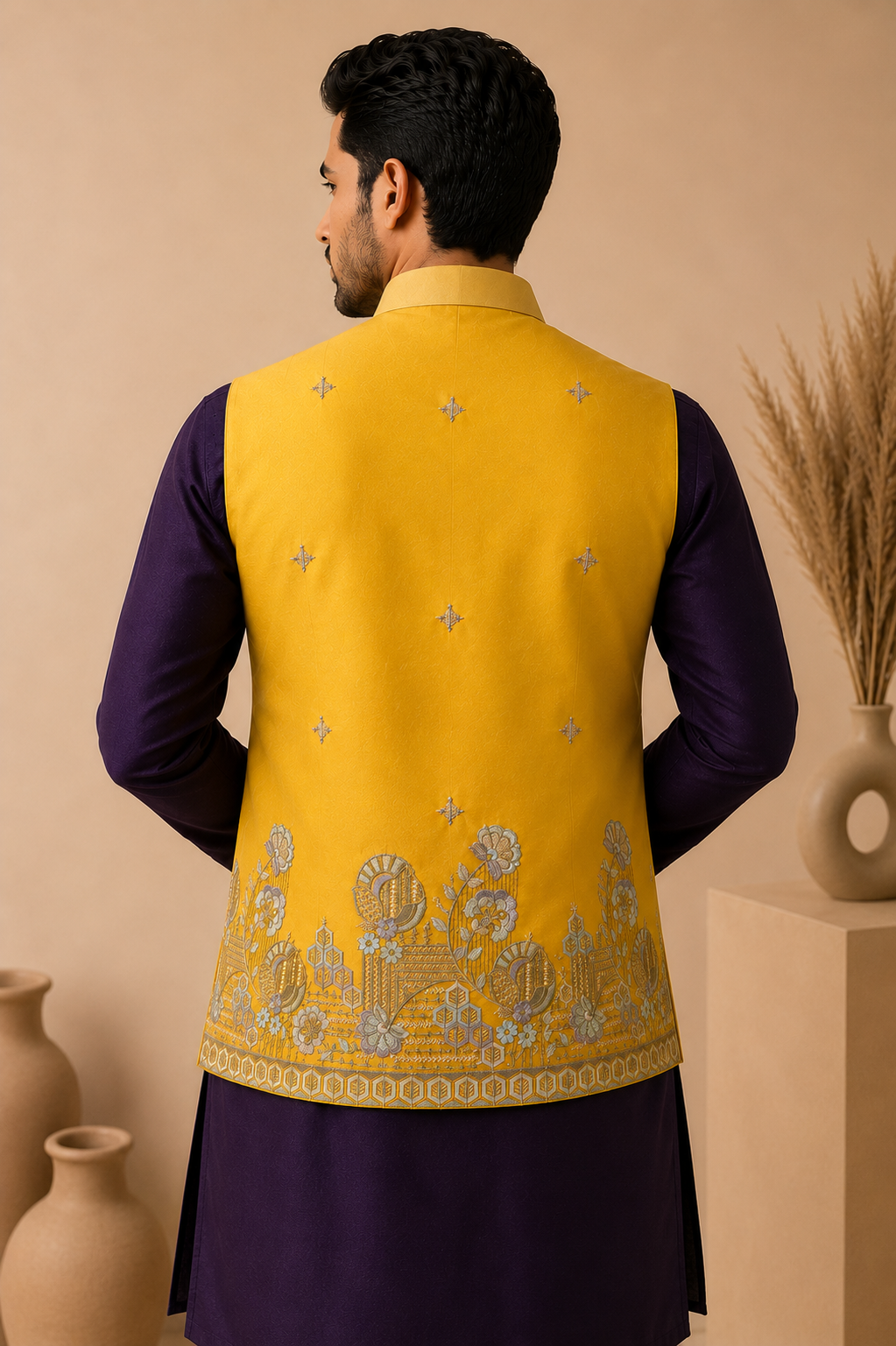 Mustard Yellow Silk Nehru Jacket Set with Designer Floral Panel & Wine Silk Kurta for Men