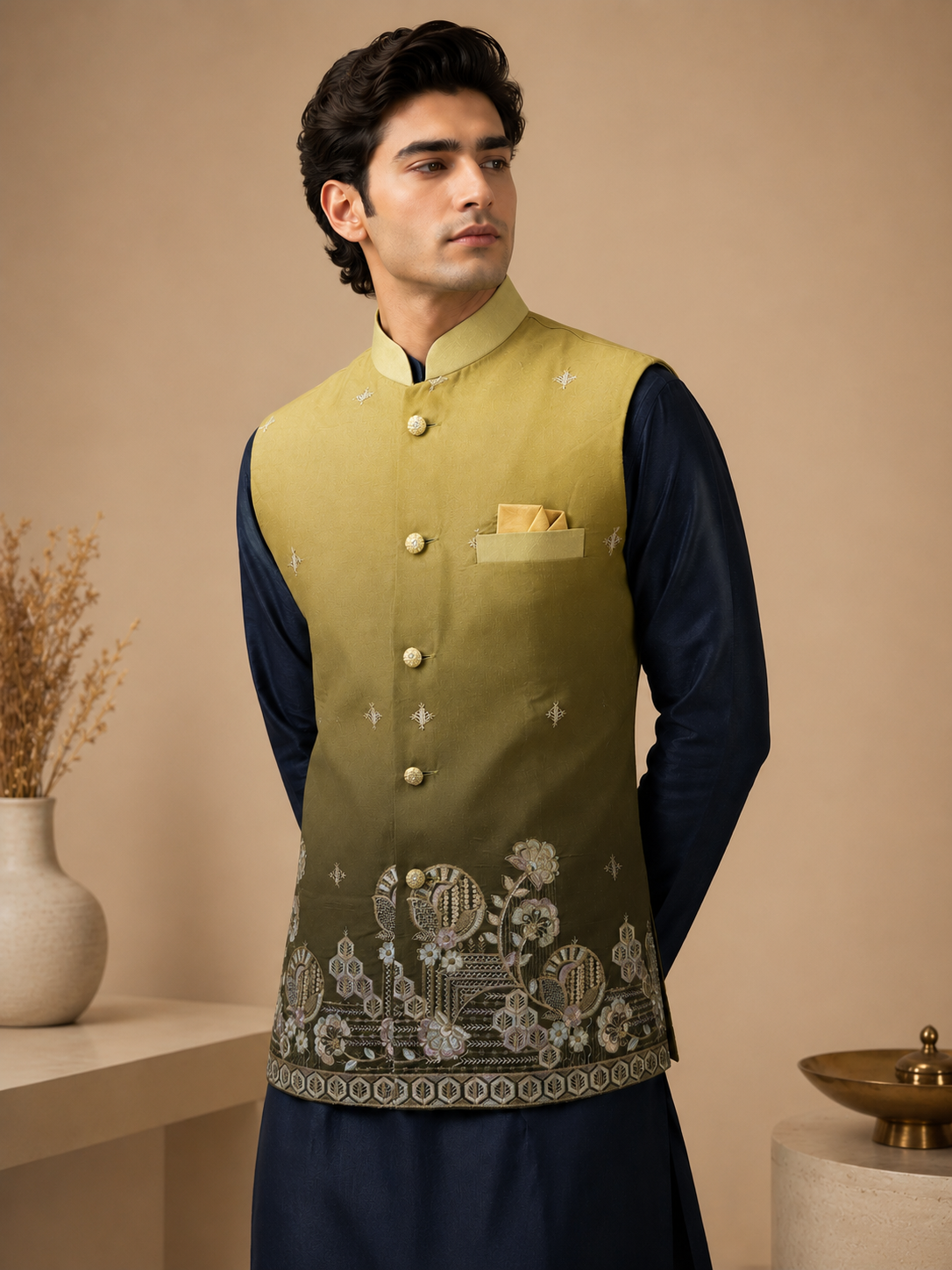 Olive Green Silk Nehru Jacket Set with Designer Floral Panel & Navy Blue Silk Kurta for Men