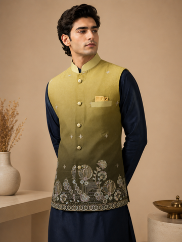 Olive Green Silk Nehru Jacket Set with Designer Floral Panel & Navy Blue Silk Kurta for Men