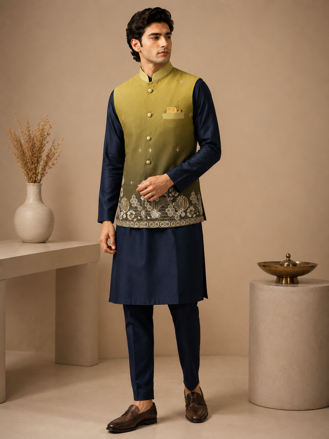 Olive Green Silk Nehru Jacket Set with Designer Floral Panel & Navy Blue Silk Kurta for Men