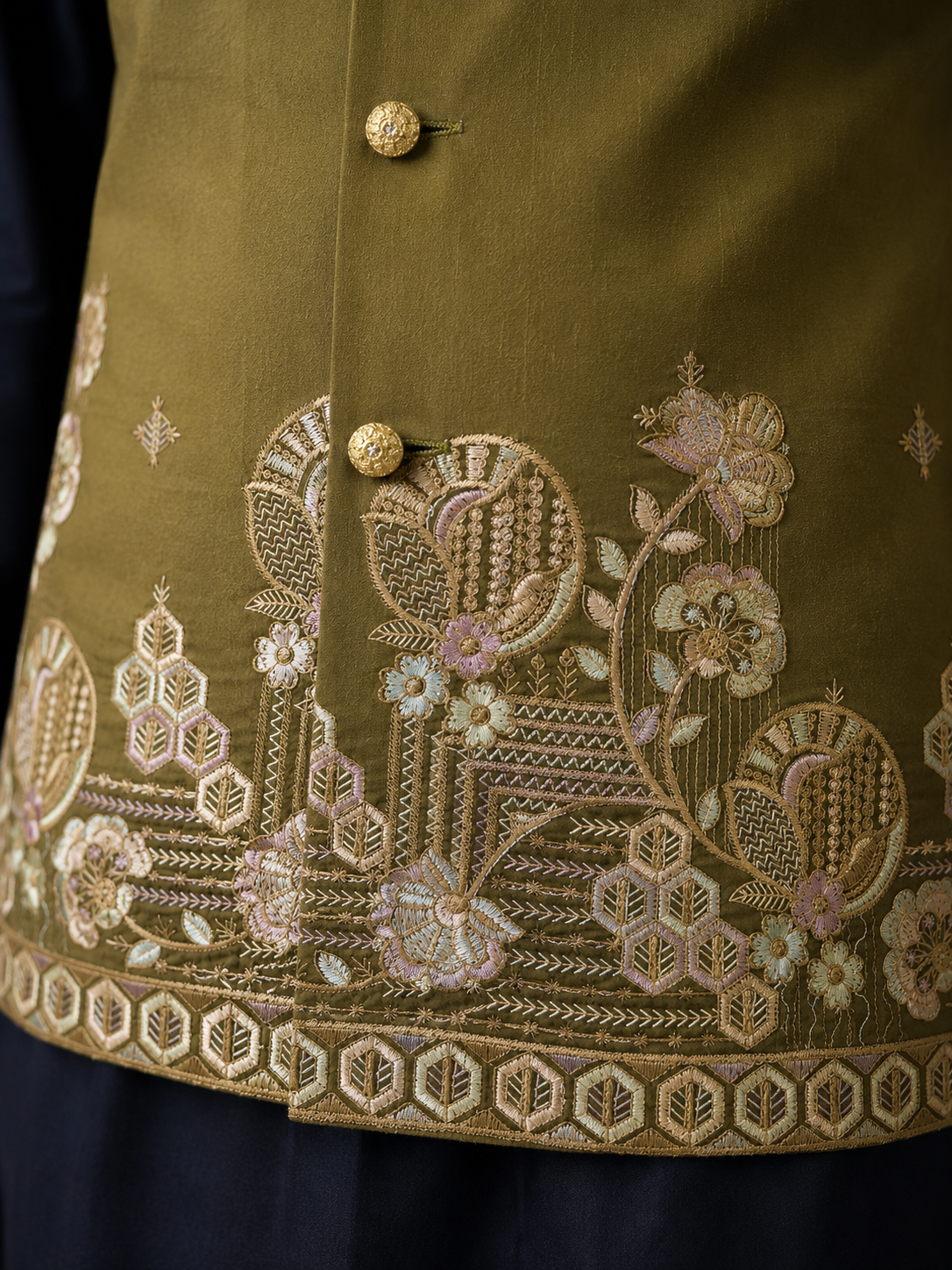 Olive Green Silk Nehru Jacket Set with Designer Floral Panel & Navy Blue Silk Kurta for Men