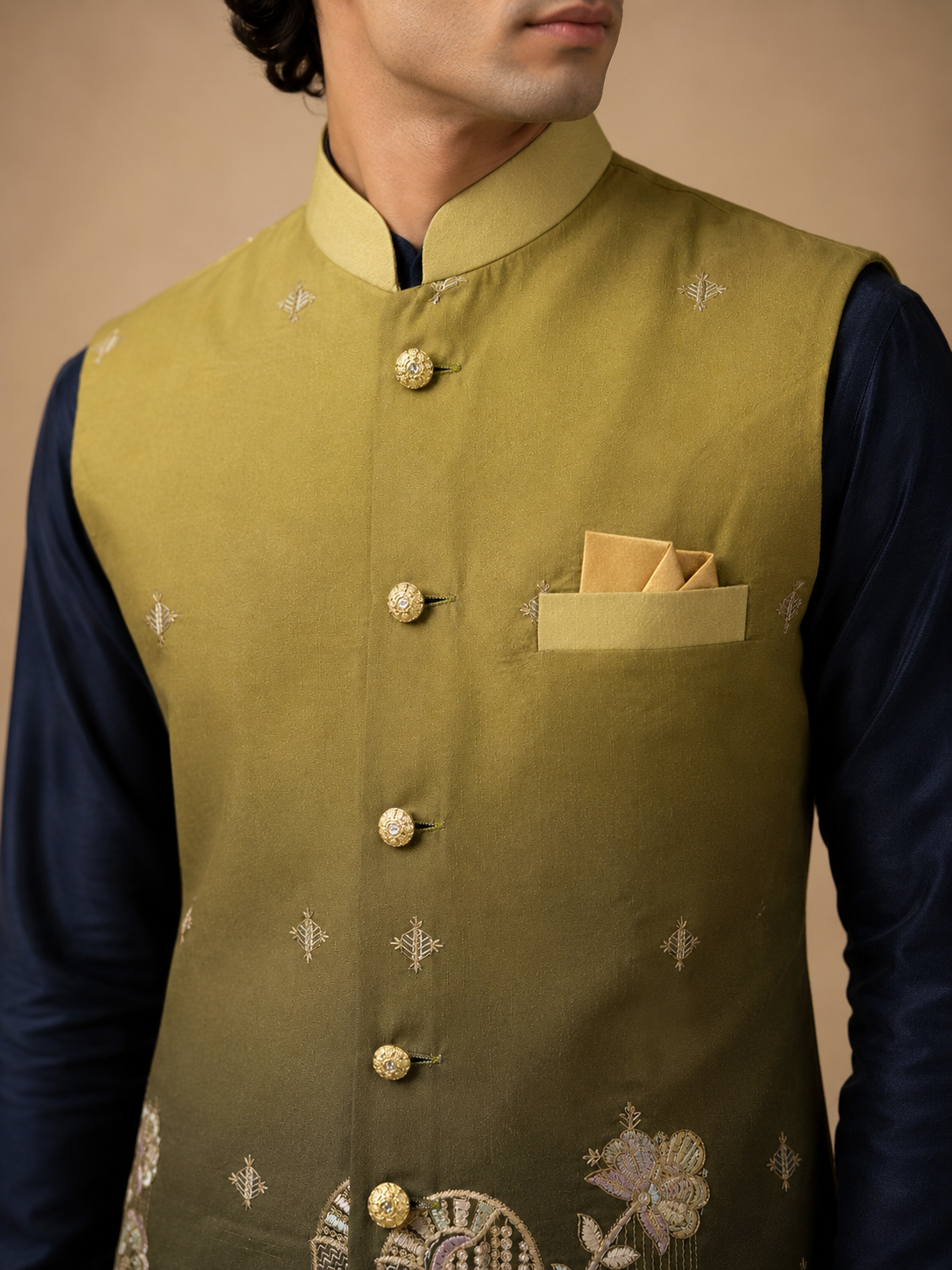 Olive Green Silk Nehru Jacket Set with Designer Floral Panel & Navy Blue Silk Kurta for Men