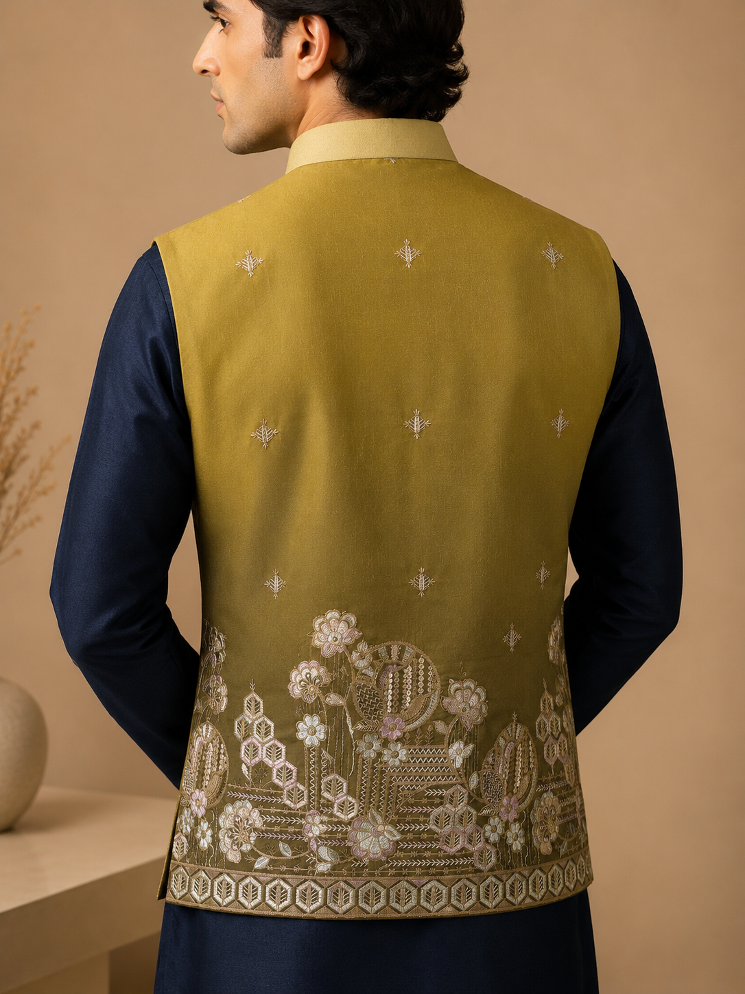 Olive Green Silk Nehru Jacket Set with Designer Floral Panel & Navy Blue Silk Kurta for Men