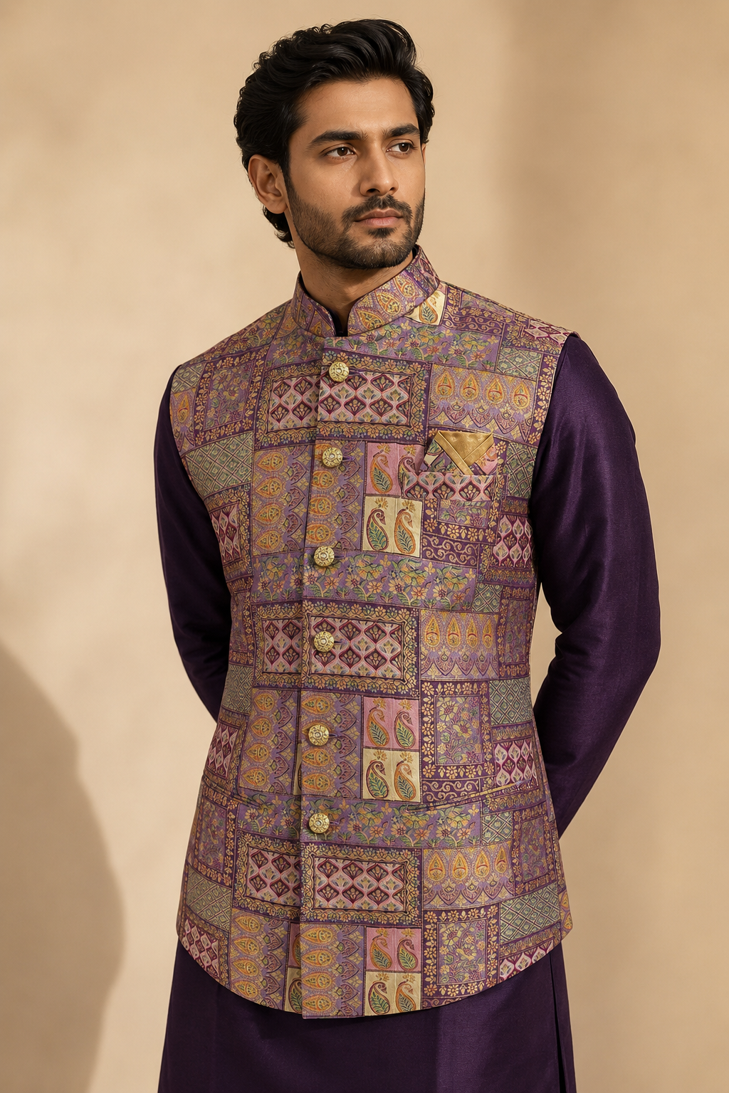 Purple Silk Kurta Set with Multicolor Jamewar Nehru Jacket for Men