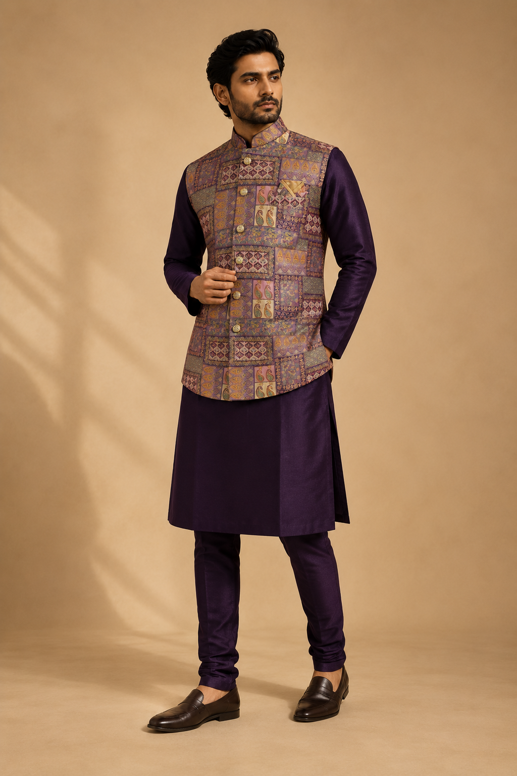 Purple Silk Kurta Set with Multicolor Jamewar Nehru Jacket for Men